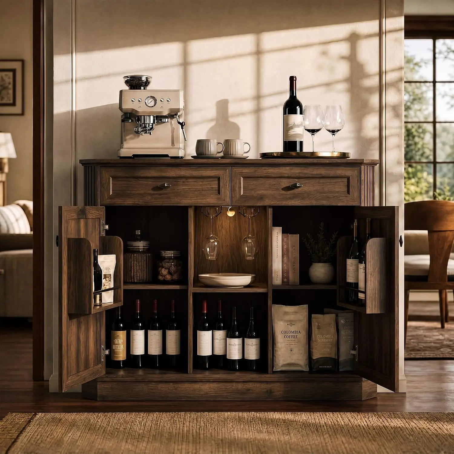 Walnut Coffee Bar 2 Drawers Doors, LED Cabinet Glass Rack, Built-in Outlets, Buffet Sideboard Living Room Kitchen, Customized