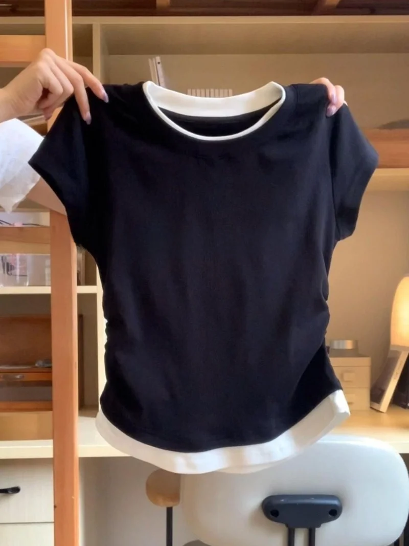 Chic Korean Sle ort Sve T-irt Women's Summer Slim Fit Waist Cinched Folded Hem Casual round Ne Top GIMA70