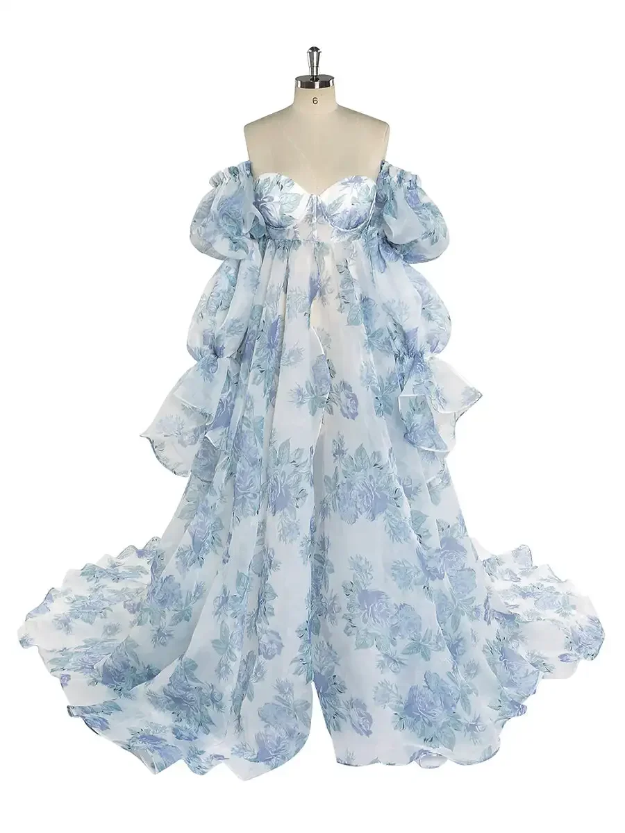 14811# Blue New Floral Printing Silk Organza Maternity Gown Baby Shower Photography Photo Shoot Dress Lace UP Back Customize