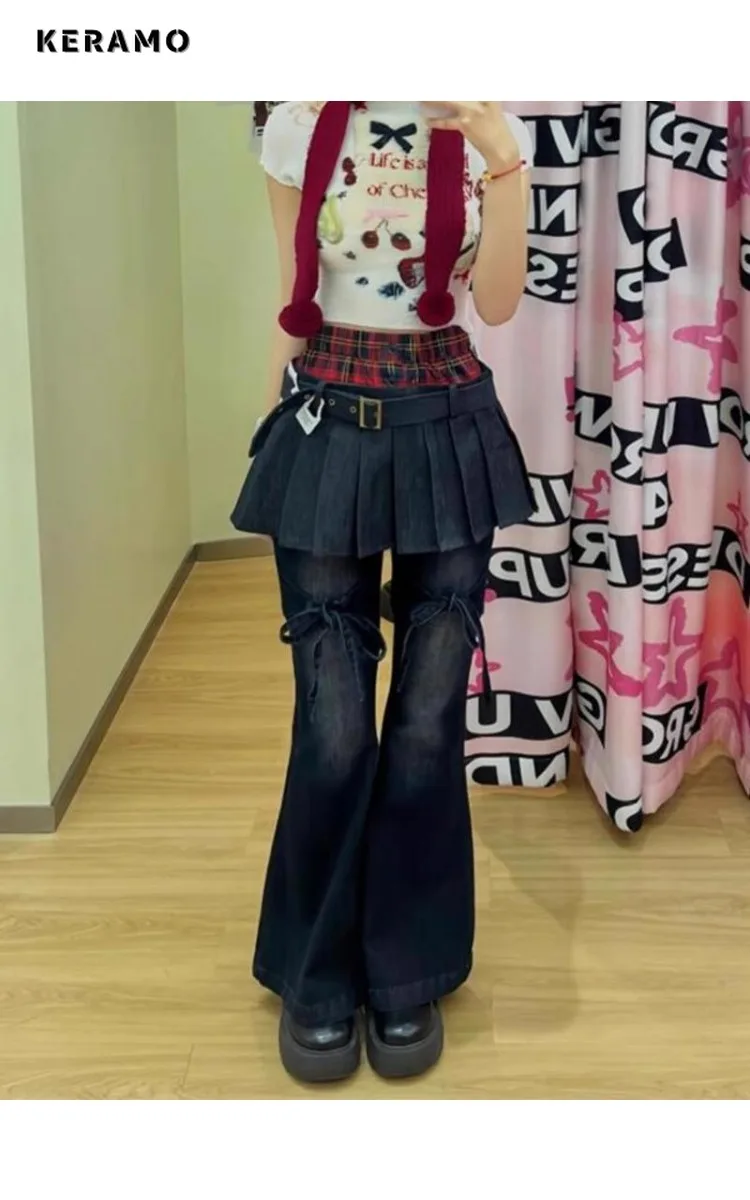 

2025 Winter Vintage Sweet Style Harajuku Jeans Women's Casual Bow Lace-up Patchwork Pants Y2K Punk Street Denim Trouser