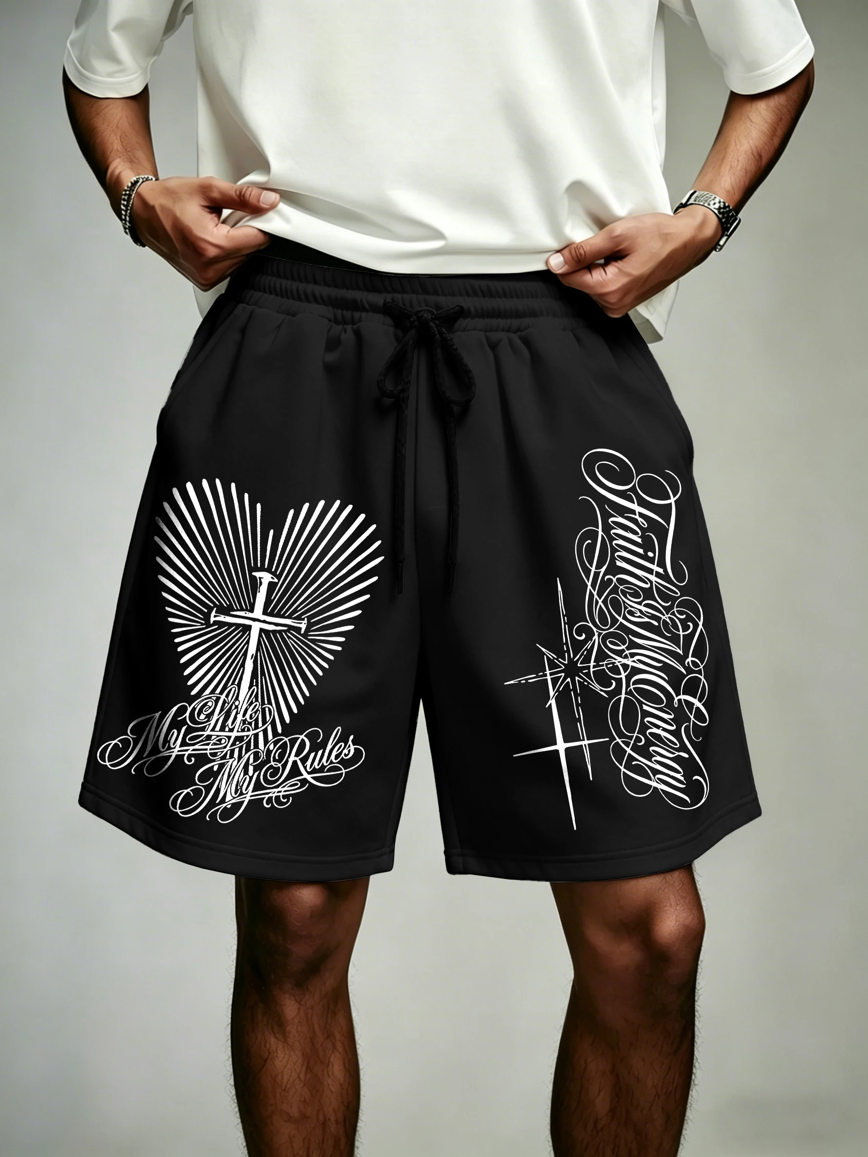 

Men's Oversized Christian Streetwear Shorts Brand Faith Cross Print Polyester Black Multicolor Casual Shorts S-2XL All Size 1Pc