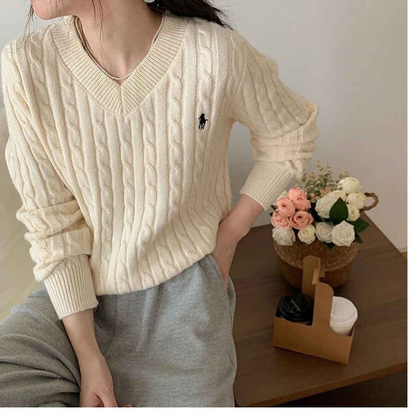 Women\'s Twist Pullover Knitted Sweater Solid Casual Jumper Fall 2023 Winter Vintage Embroidered V-Neck Long Sleeve Top