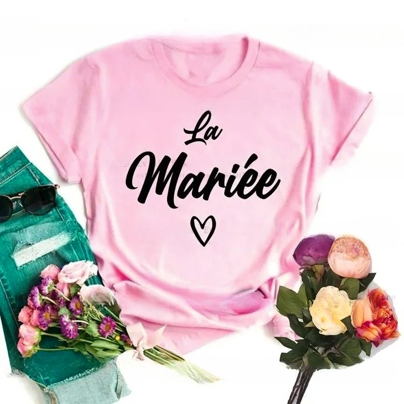 Team De La Mariee French O-collar Short Sleeved T-shirt Girl Wedding Party Team Bride Bachelorette Wreath Women Evjf Tee Shirts