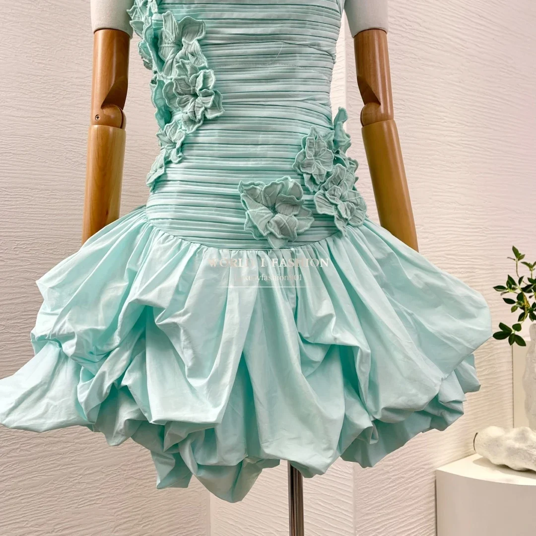 純綿2025新作ブルー袖なし花柄アップリケ女性用ホリデーミニドレス