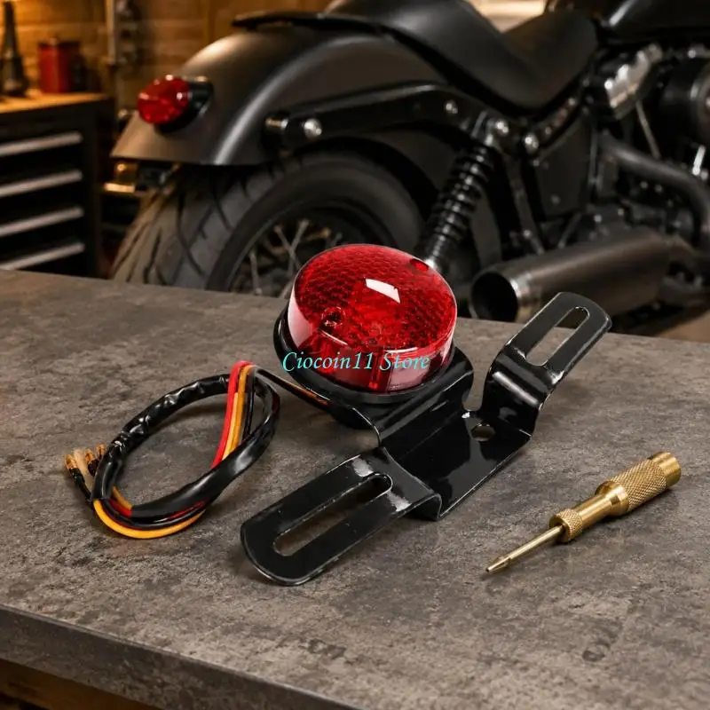 Y1UB Motorcycle Brake and Tail Lamp with License Plate Bracket, 3 Visible Wires, Round Red Lens, and Slotted Black Plate