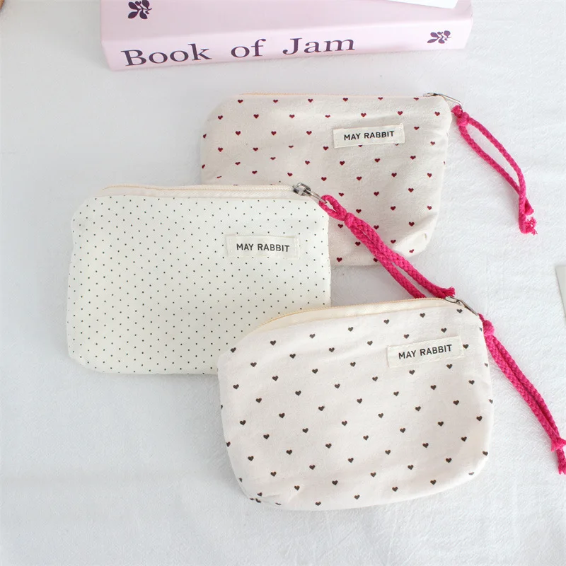 

Cute Korean Dot Love Canvas Coin Wallet Portable Mini Coin Pouch Simple Fabric Zipper Coin Purse Key Earphone ID Bag Kids Purse