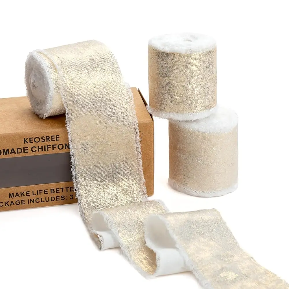

Gold Silk Chiffon Ribbon,Ivory White Frayed Shimmery Silk Ribbon for Bridal Flower Bouquet Gift Wrapping Wedding Decor Invita