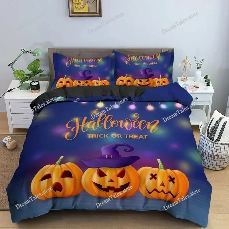 

Happy Halloween King Queen Duvet Cover Orange Pumpkin Bedding Set Kids Teens Adults Bats Horror Festival Polyester Quilt Cover74