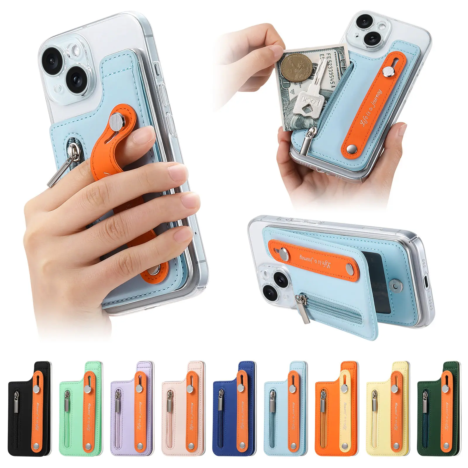 

Zipper Cards Solt Wallet Ultra-thin Sticker Mobile Phone Back Holder For iPhone 15 Pro Max 14 PLus 13 12 11 Uiversal Bag Cover