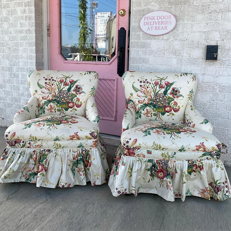 retro solid wood sofa chair small apartment bedroom end leisure chair French printing living room fabric single chair