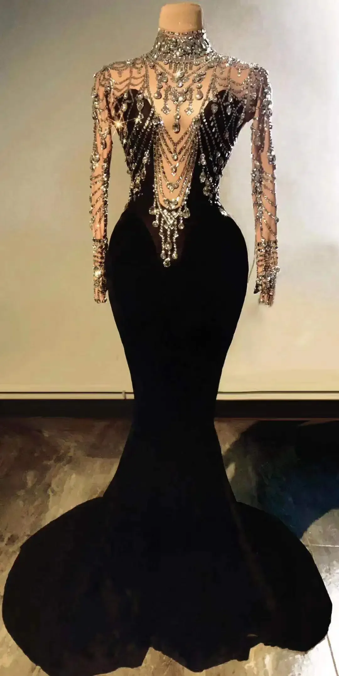 Glister Rhinestone Velvet Mermaid Dress For Women Evening Vintage Style Bachelor Party Banquet Stage Costumes Birthday Outfit