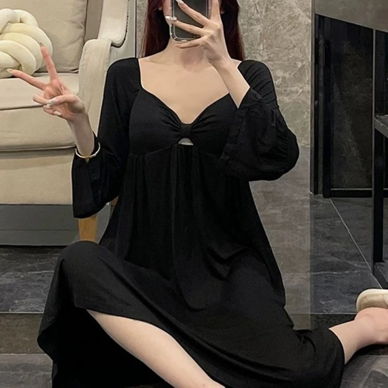 

French Hollow Long Sleeve Nightgown Sexy Butterfly Chest Pajamas Home Long Skirt Women's Female Underwear Sleepwear Robes New