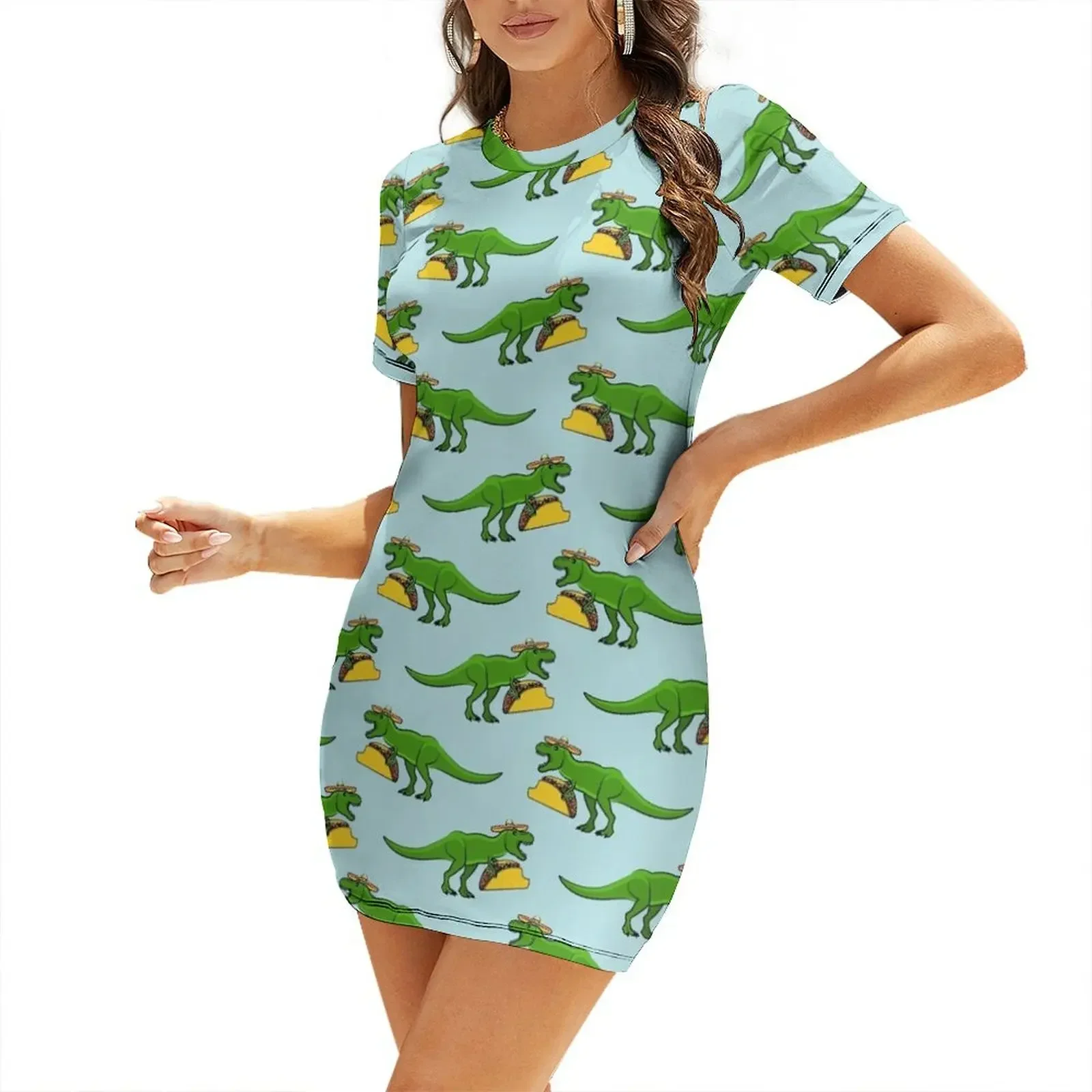 

Tyrannosaurus rex eating tacos Short-Sleeved Dress Summer women's clothing dresses with long sleeves summer women's suit