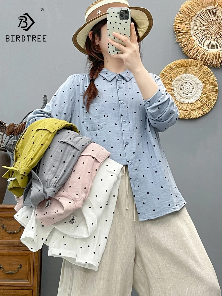 

New 2025 Autumn Cotton Yarn Long Sleeve Shirt, Women Turn-down Collar Dot Print, Mori Girl Fashion Casual Loose Blouse T58718CC