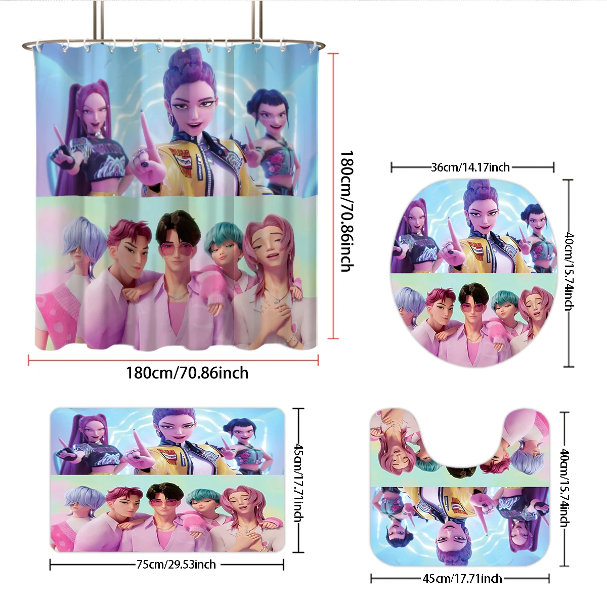 4pcs K-POP D-Demon H-Hunters Shower Curtains Washable Fabric Polyester Bathtub Art Bathroom Decor With Hooks Waterproof Curtain