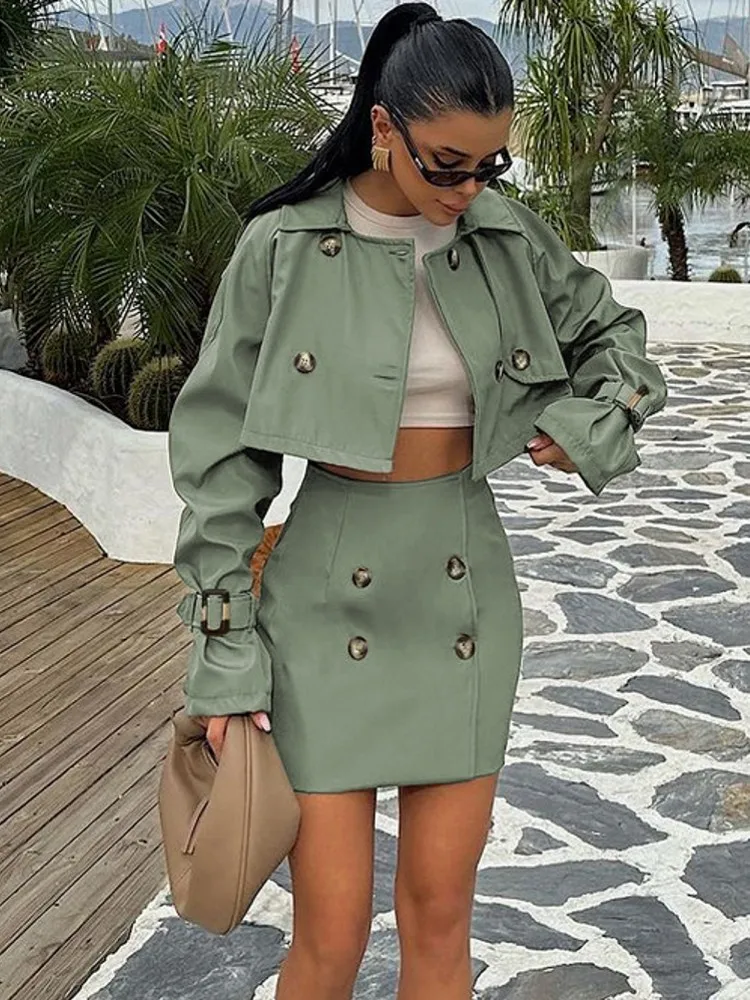 Women Sets Two Piece Set Turn Down Collar Long Sleeve Top And Elegant Mini Skirt High Streetwear Casual Beach Suit 2025 Spring