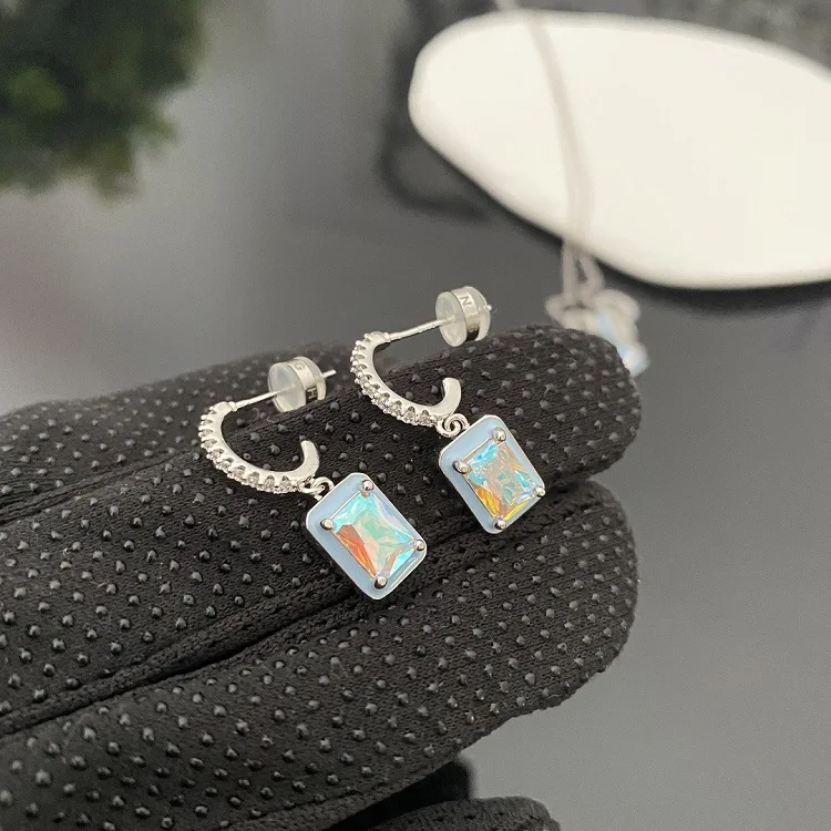 Silver Plated Mini CZ Hoop Drop Earrings Light Blue Enamel Rectangle AB Zircon Dainty Women Daily Jewelry