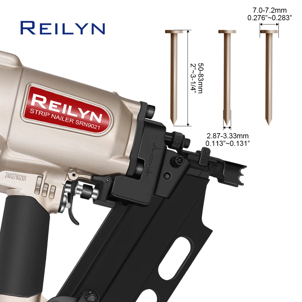 REILYN 21ยฐ Pneumatic Brad Strip Nailer Professional Round Head Pneumatic Nail Gun for Wood Pallet Flooring Roof Air Nailer