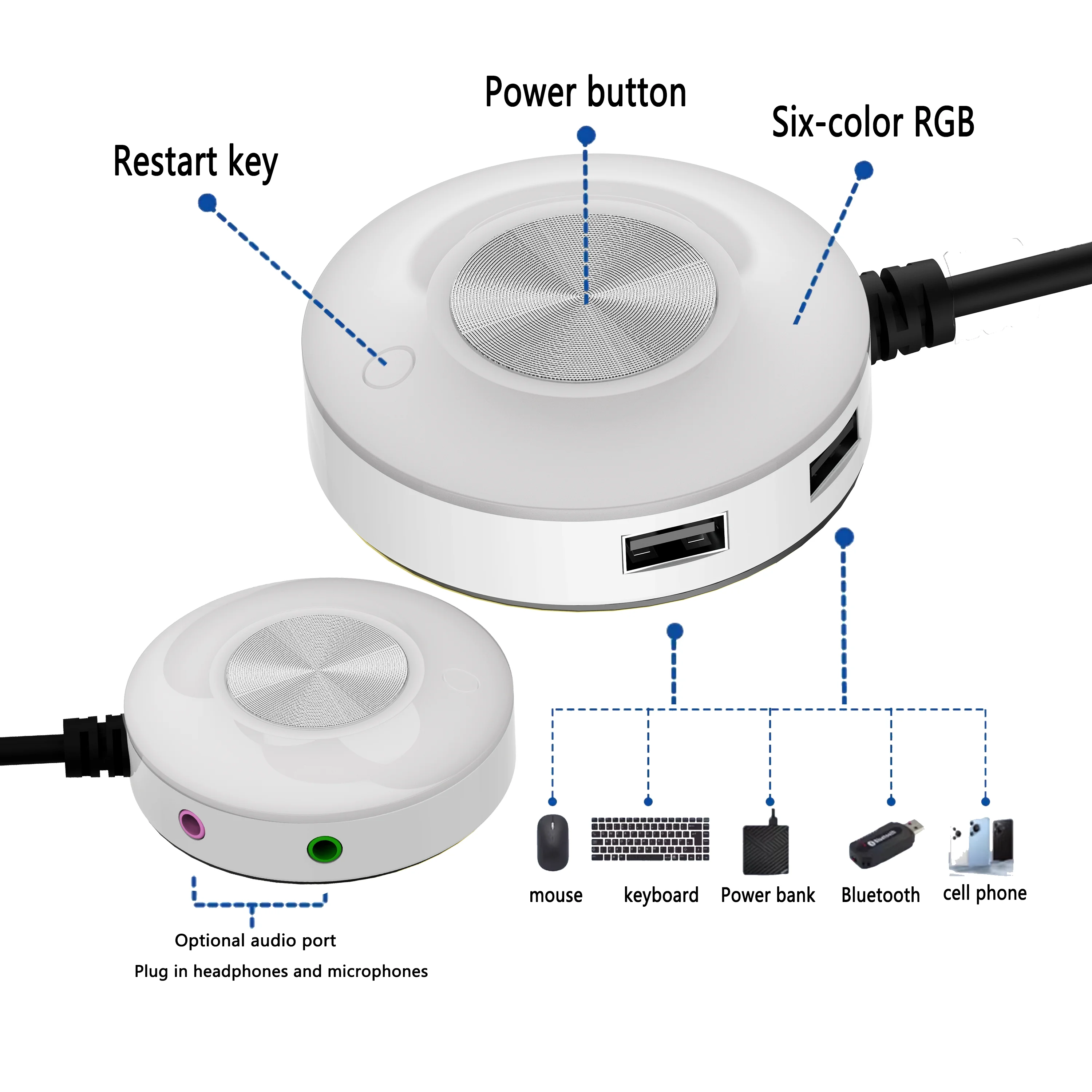 Computer Desktop Switch Button 6-Color RGB with Dual USB Audio Desktop Host External Start Button Adhesive Switch