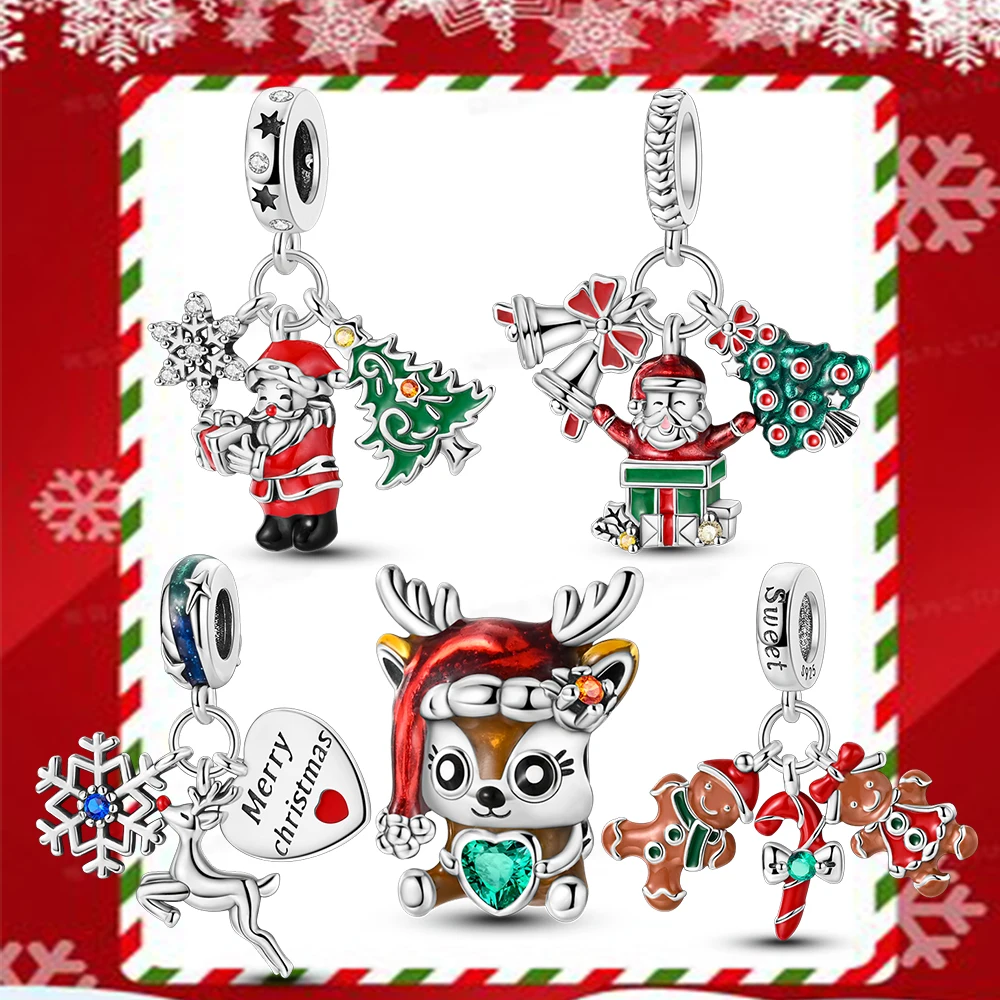 2024 New Silver Plated Snowman Christmas Tree Elk Charms Pendants Fit Original Pandora Bracelet For Women Jewelry Making