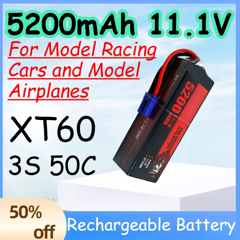 

5200mAh 11.1V 3S 50C Replace Rechargeable Lipo Battery for Model Racing Cars and Model Airplanes Battery with XT60 Plug