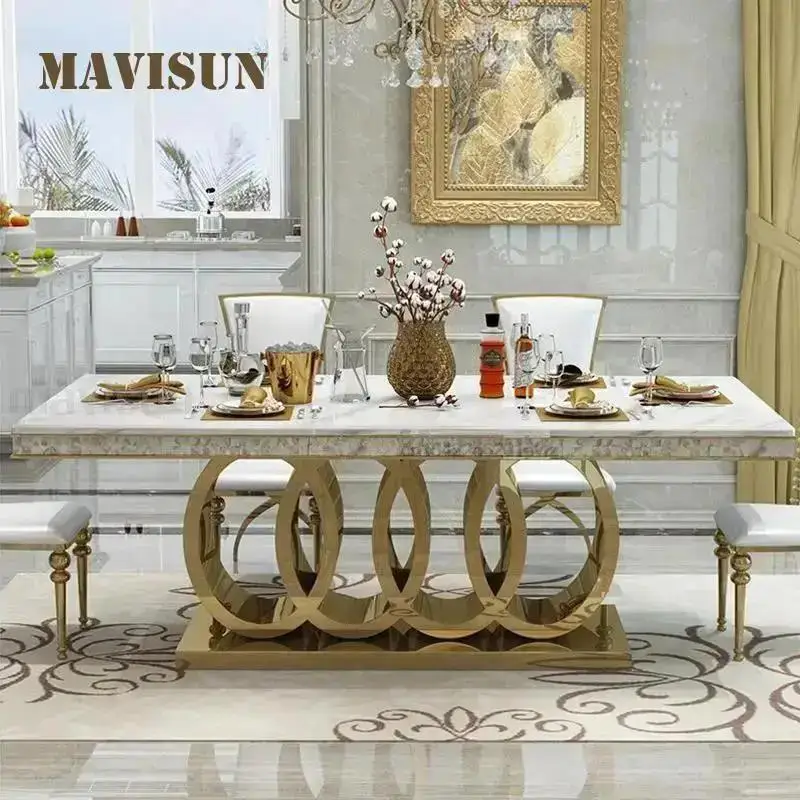 Post-Modern Marble Top-Grade Dining Table And Chairs Combination Stainless Steel Crown Apartment Golden Carved Furniture Table