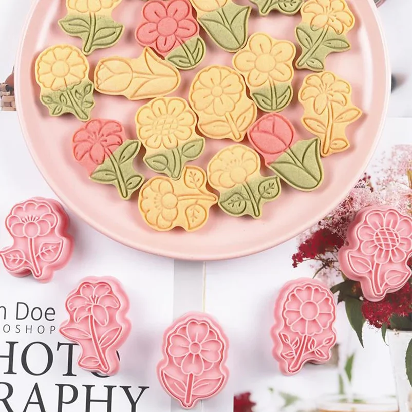 

8Pcs Set Flowers Shape Cookie Cutter Stamp Cartoon Pressable Biscuit Mold Confectionery Cookie Kitchen Baking Pastry Tools