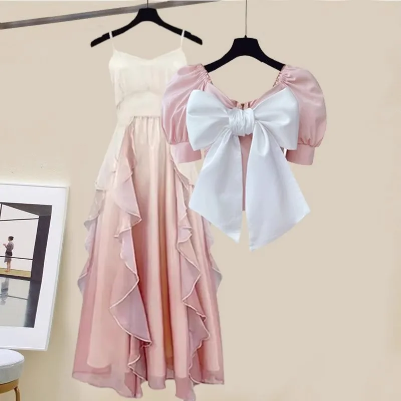 Летний нежный Sle Knot ort Sve Top And ter Dr Комплект из двух предметов Розовый моющийся женский ансамбль
