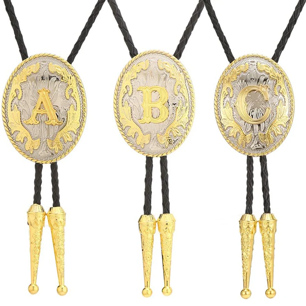 RechicGu Gold Letter Bolo Tie For Man Western Cowboy Cowgirl Leather Rope Necktie Women\'s Necklace Jewelry Accessories ABCDEFG-Z