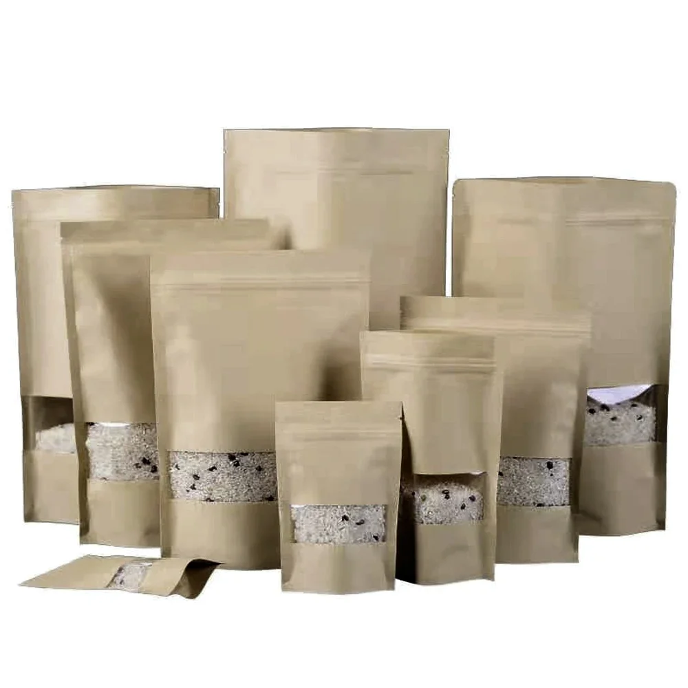 50Pcs Zip Lock Kraft Paper Plastic Stand Up Bag with Clear Window Reclosable Zipper Seal Tear Notch Doypack Food Package Pouches