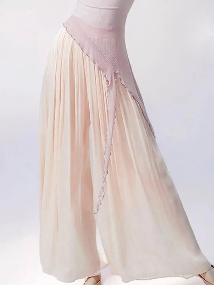 

Элегантные однотонные сетчатые широкие брюки с высокой талией, свободные струящиеся прозрачные брюки для выступления на сцене современного танца