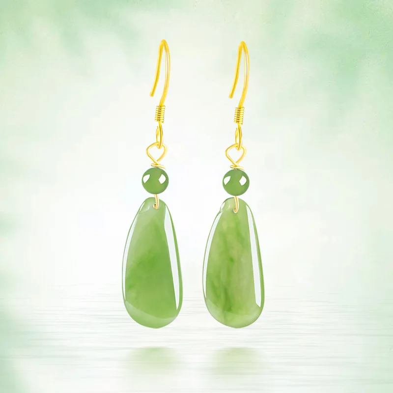 

Fashionable Natural Spinach Green Old Material Hotan Jade Jasper Fugua Earrings Women's Genuine S925 Silver Jade Earrings