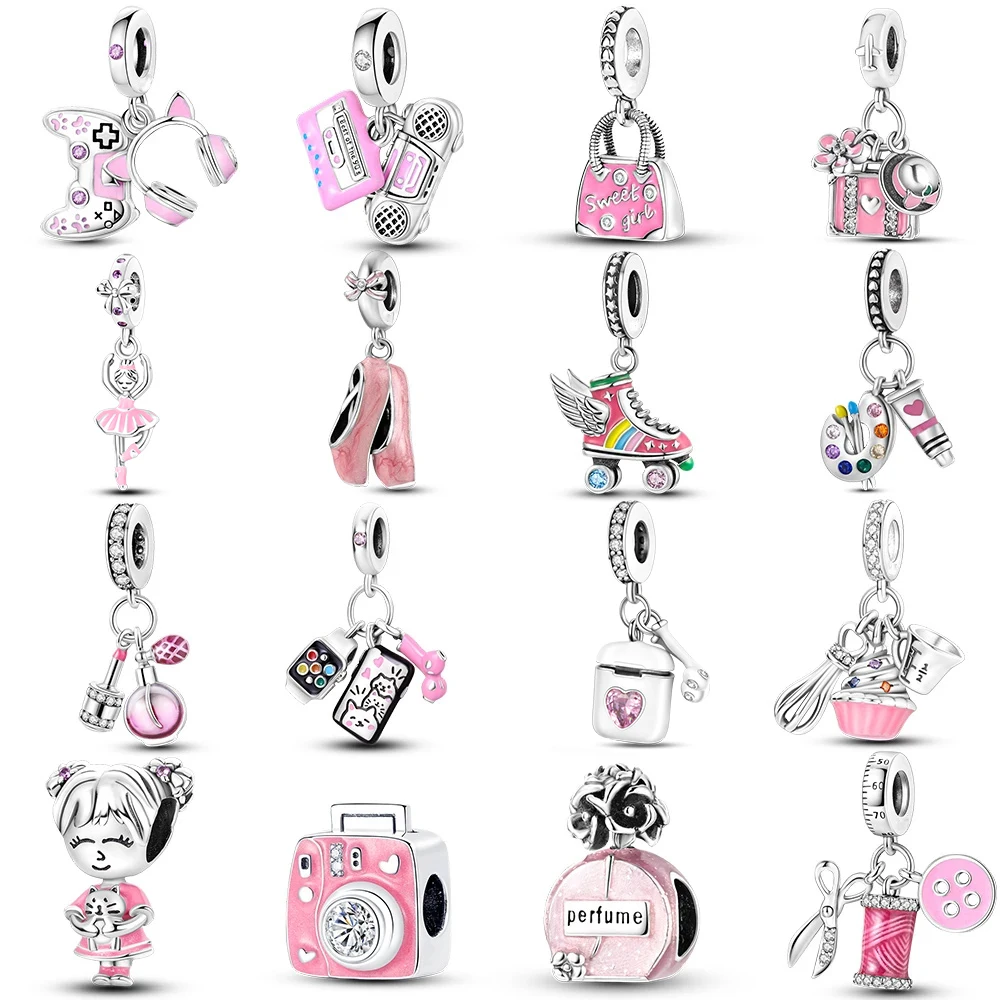 Silver Plated Pink Lady Game Console Headphone Cat Paw Color Charm Fit Original Bracelet Pendant Necklace Gift Beads Jewelry