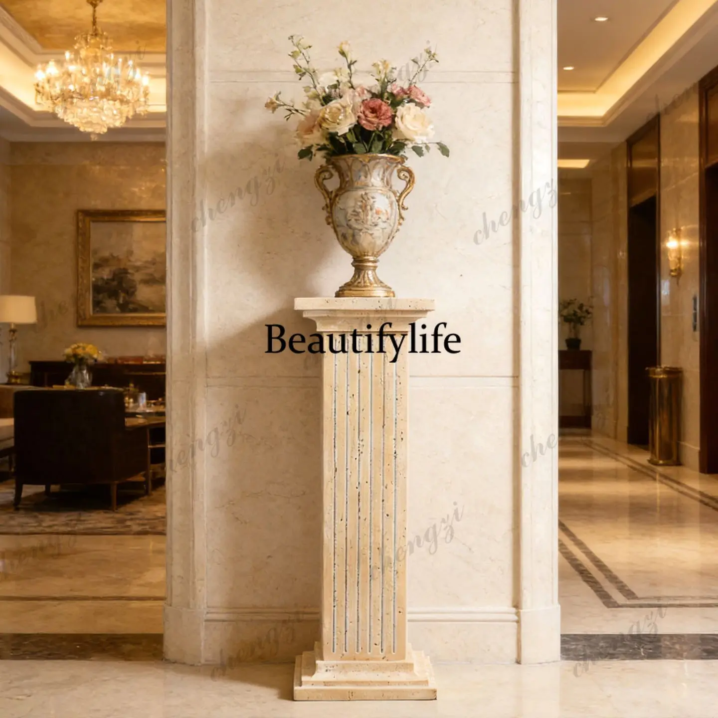 European retro Roman column table, living room sculpture decoration floor sculpture table, marble base