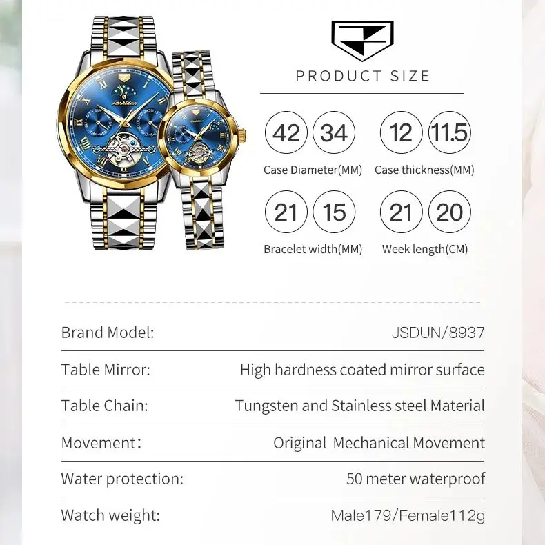 JSDUN Couple Watch Top Luxury Brand Tungsten Steel Band Fashion Lunar Phase Business Waterproof Dating Week Watch Couple Watch