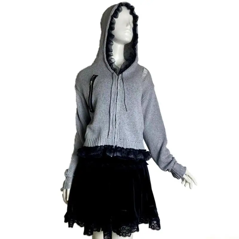 31BF Women Gothic Hooded Sweater Coat Ripped Hole Lace Trim Zip Up Knit Short for Jac