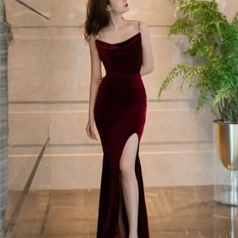 

Toasted ladies Burgundy velvet feel small niche strap slim-fit fishtail dress