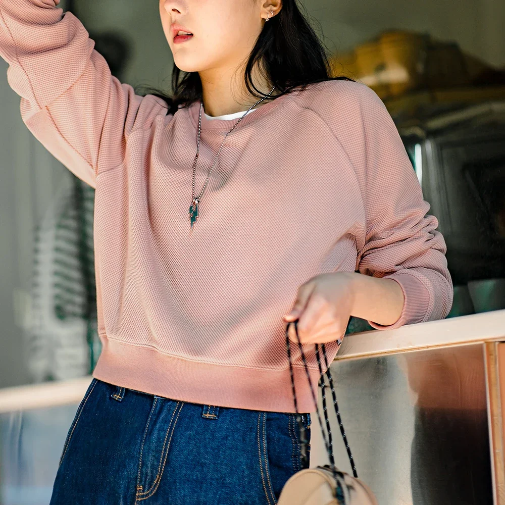 Maden Textured Cropped Sweatshirts for Women Round Collar Solid Color Casual Pullover Spring and Fall Season Basic Tops