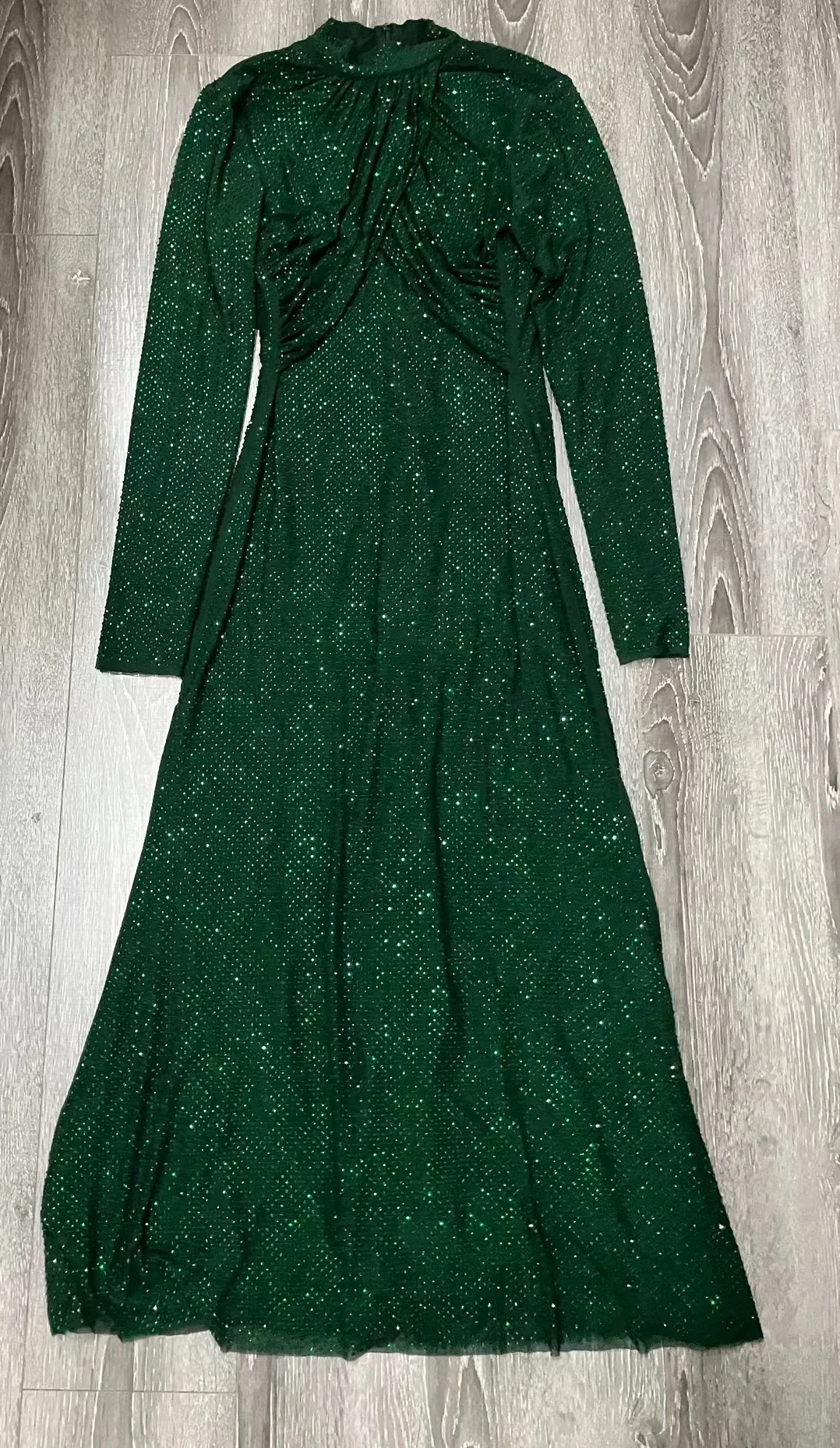 Women's Green Midi Dress Hot Rhinestone Stand Collar Long Sleeve Elegant Slim Robe