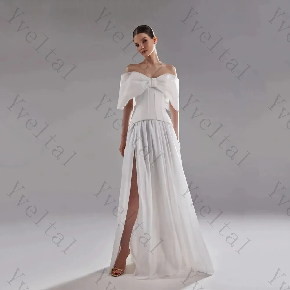 Customized Dignified Temperament A Line Bow Off The Shoulder Wedding Dresses Floor Length Enchanting Side High Slit Bridal Gown