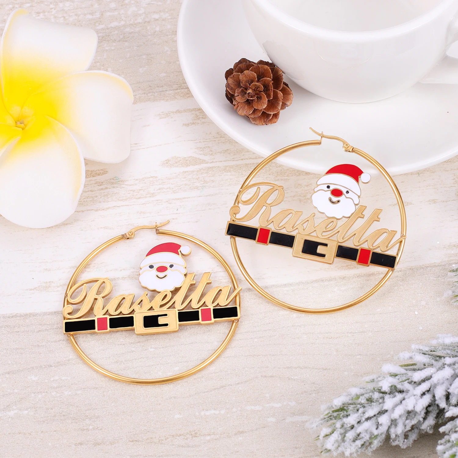 Dascusto Personalized Two-Tone custom name earrings   Holiday Jewelry hoops earrings Women's Christmas Santa Claus Design Name E