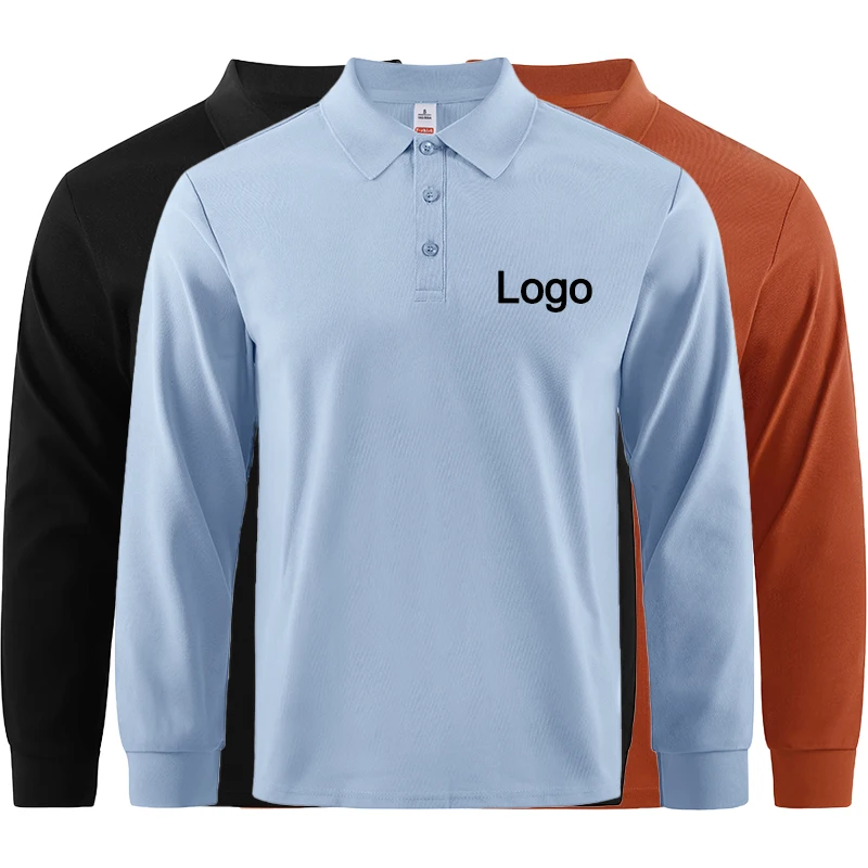 Custom Polo Shirts Mens Autumn Long Sleeves T-Shirts DIY Logo/Graphic Tees Commuting Breathable Lapel Tops Basic Male Clothes