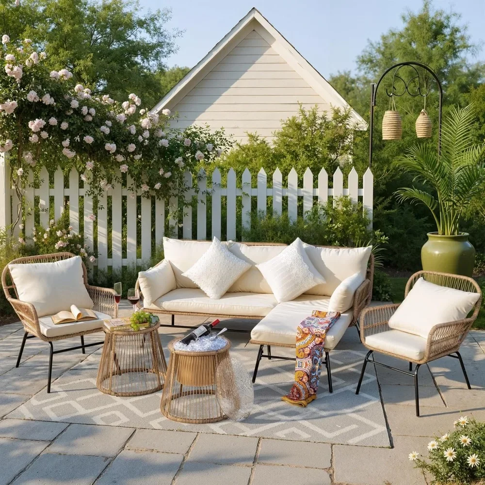 6 Pcs Boho Outdoor Patio Furniture Set, High Back L-Shaped Sectional with Ice Bucket Table, 500lbs Sturdy Comfy  Lounge Sofa