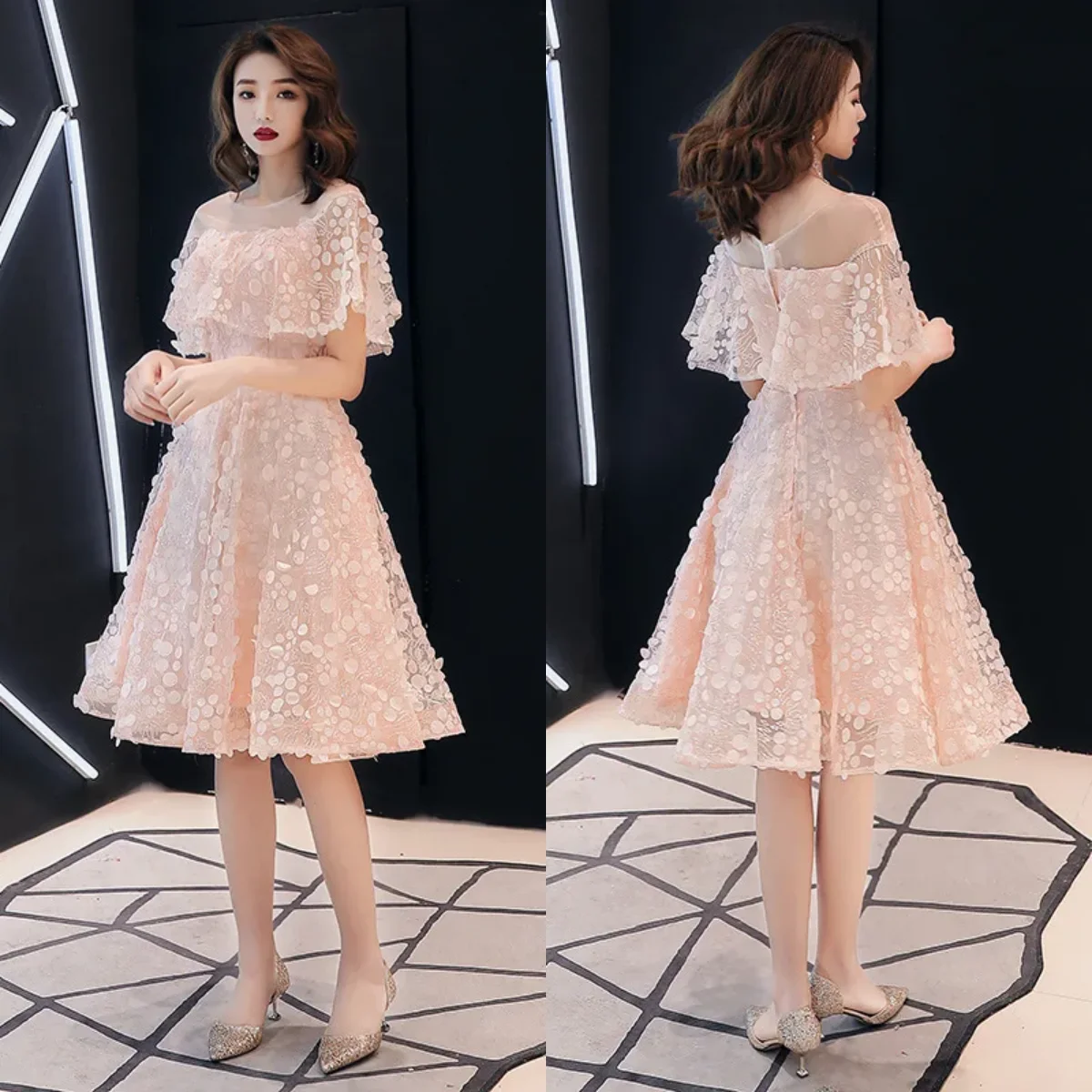 

Evening Dress Pink Sequins Ruffles O-neck Short Sleeves Zipper A-Line Knee-length Plus size Lady Party Formal Gown Customization