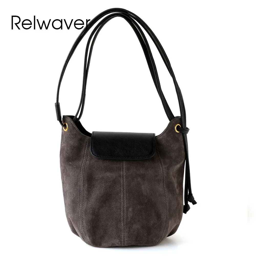 

Relwaver women messenger bags suede cowhide genuine leather shoulder bag 2025 autumn winter fashion bucket cover small women bag