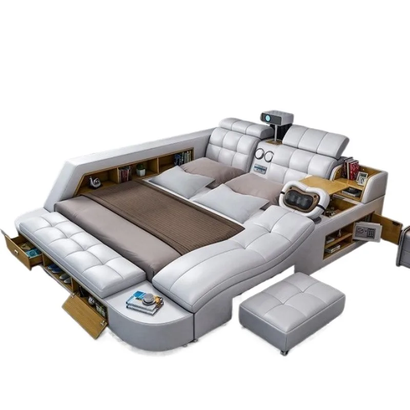 Multifunctional smart projector leather bed, modern minimalist smart massage tatami double bed