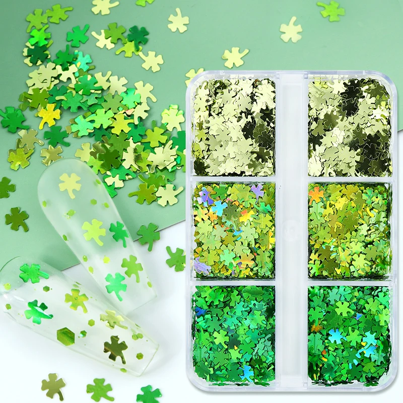 Holographic Glitter Four Leaf Clover Nail Accessories Laser Green UV Sequins Nail Art Charms For Ireland St.Patrick's Day Design