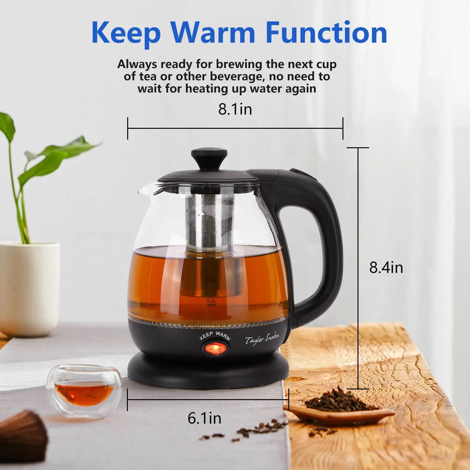 Electric Kettle 1L with Tea Infuser, Keep Warm, LED Light, Auto Shut-Off, BPA Free, Black