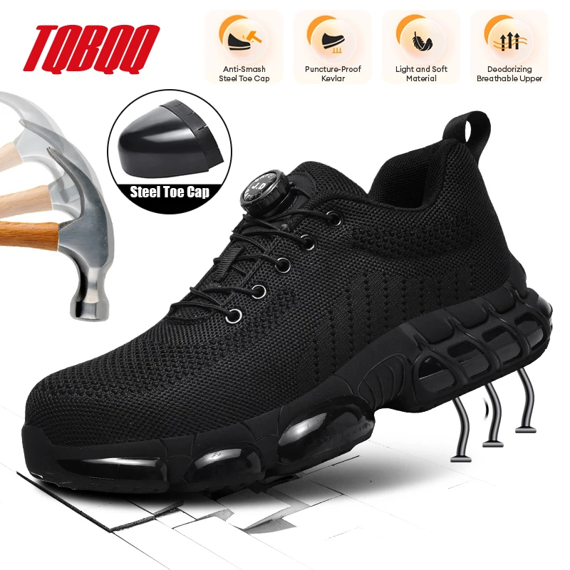 

Мужская рабочая обувь с вращающейся пряжкой, противоударная, противопрокольная, женская дышащая удобная защитная обувь, защитные ботинки