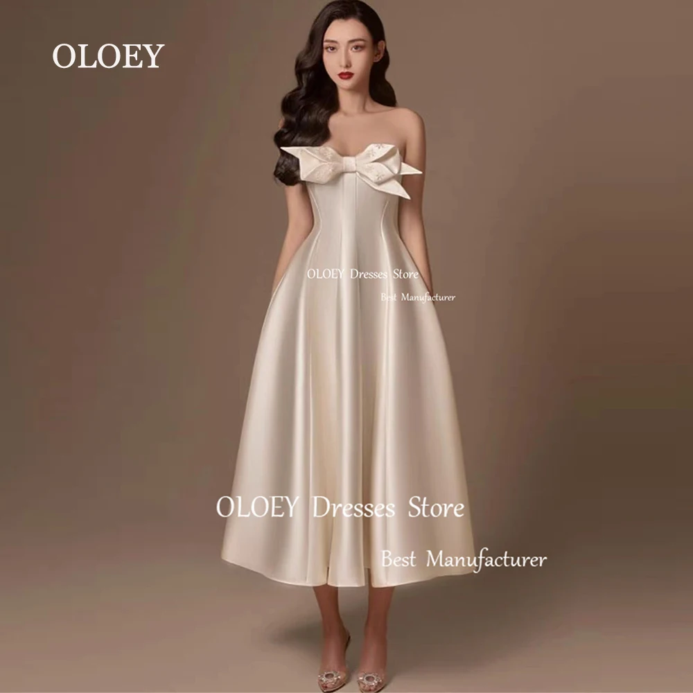 

OLOEY Strapless A Line Prom Dress Pleats Silky Taffeta Mid Calf Length Evening Dress Red Beign Women Zip Back Wedding Party Gown